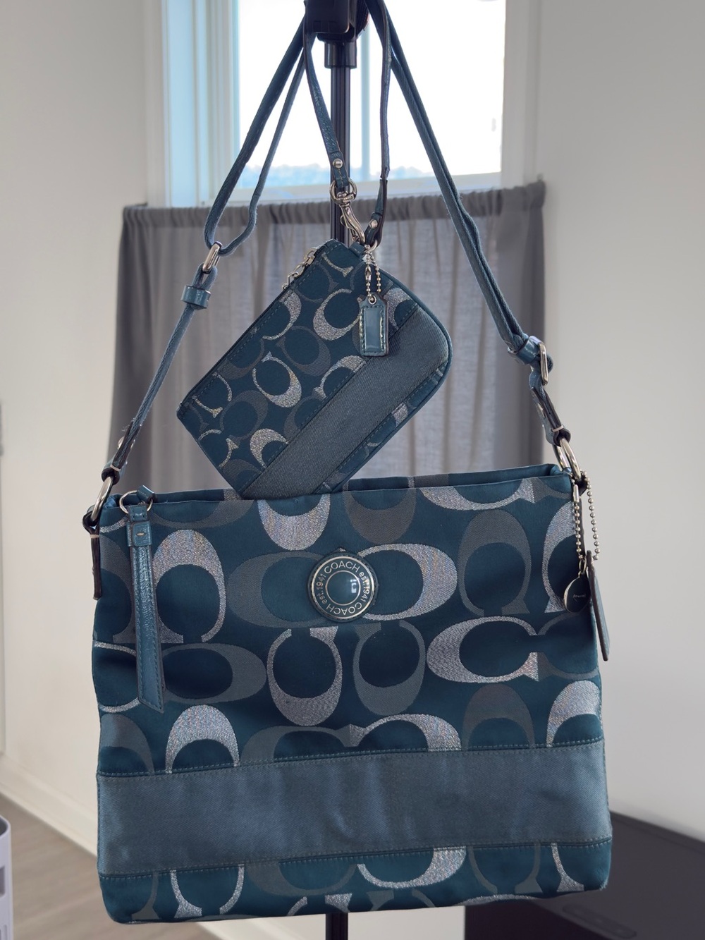 Coach Teal Signature Jacquard Shoulder Bag with Wristlet